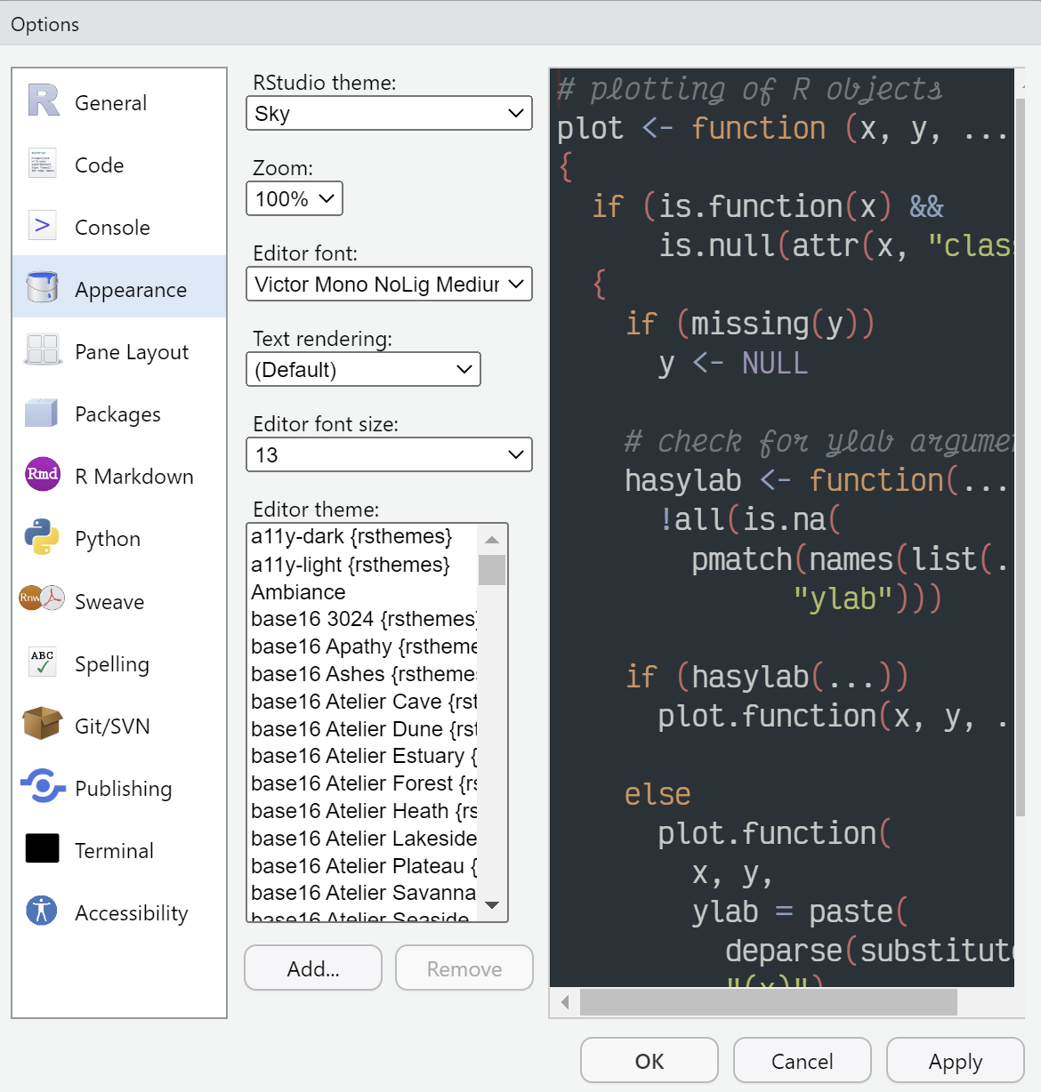 RStudio Appearance Settings